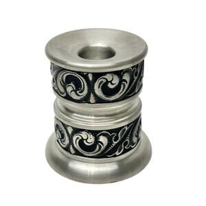 Vintage Pewter Candle Holder Norsk Norwegian BJH 102 Silver Black Scroll Norway